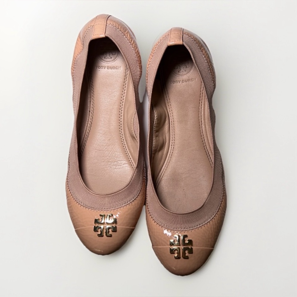 Tory Burch 'Jolie' Patent Leather Ballet Flats Light Oak Taupe Tan Nude Size 8 M